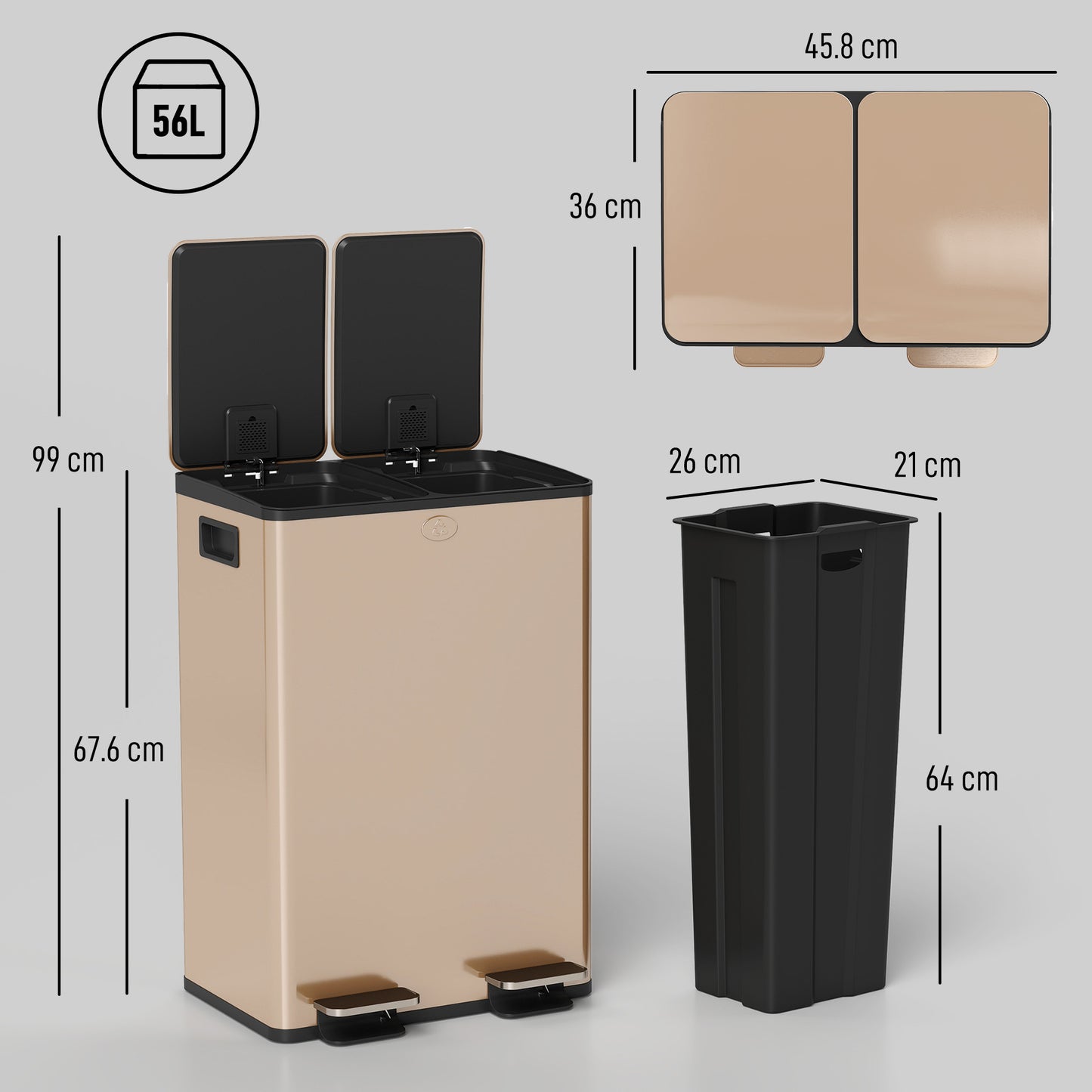 56L Dual Compartment Stainless Steel Bin, with Deodoriser Holders - Gold Tone