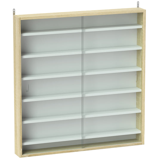 7-Tier Wall Display Shelf Unit Cabinet w/ 6 Adjustable Shelves Glass Doors Home Office Ornaments 83x80cm, Oak