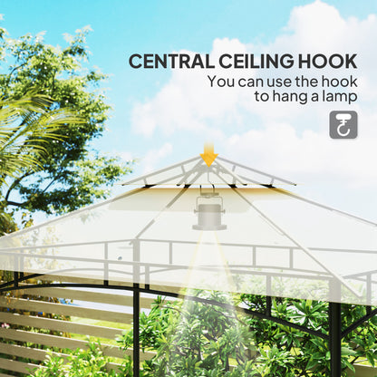 8' x 5' Grill Gazebo, Double Tiered BBQ Gazebo Shelter Canopy with LED Lights, 2 Side Shelves, Hooks, Beige
