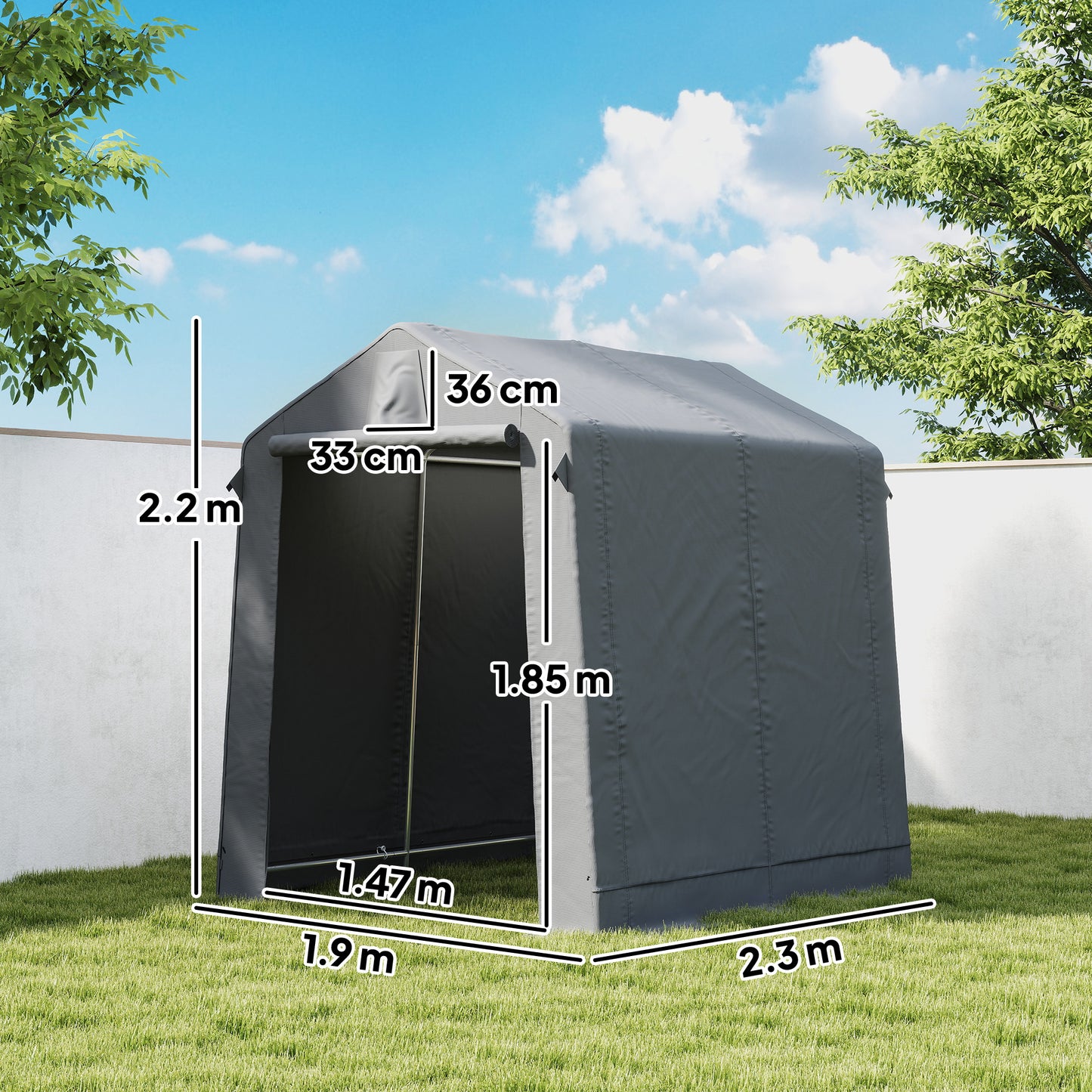 7.5 x 6.2 ft Outdoor Garden Storage Shed, Waterproof Bike Tent with Roll-Up Zipper Door and Vent, Dark Grey