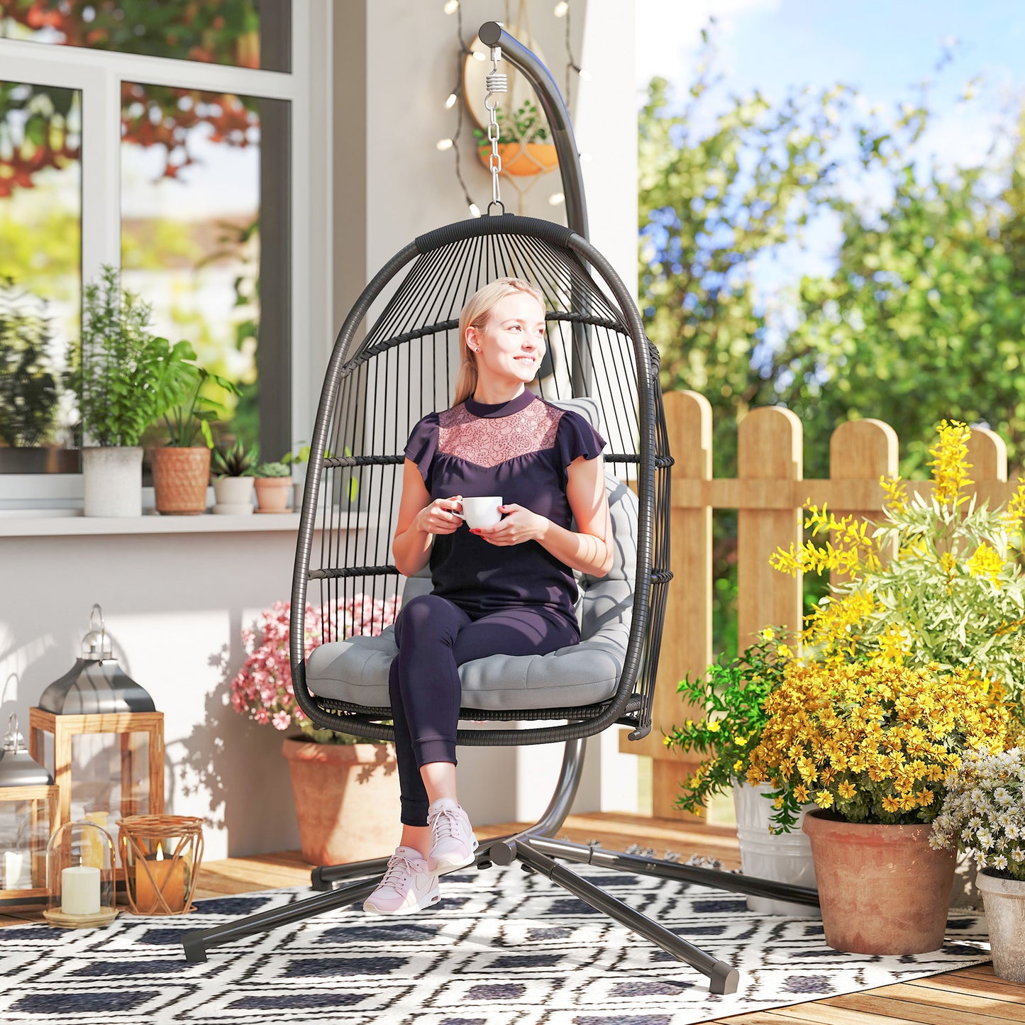 Rattan Hanging Egg Chair with Stand, Foldable Wicker Swing Egg Chair with Cushion, Head Pillow, Steel Frame