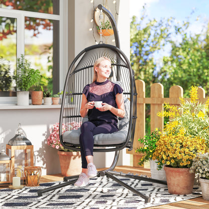 Rattan Hanging Egg Chair with Stand, Foldable Wicker Swing Egg Chair with Cushion, Head Pillow, Steel Frame