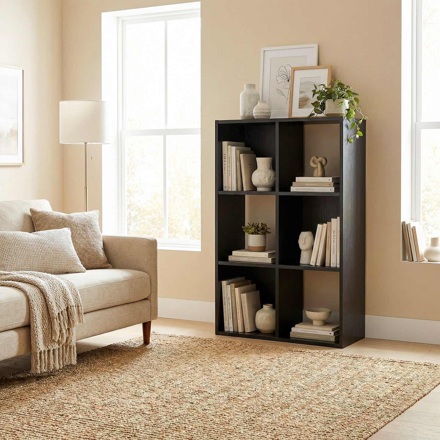 Industrial Style Storage Shelf, Bookcase, Bookshelf with 6 Compartments, for Living Room, Home Study, Black Wood Effect