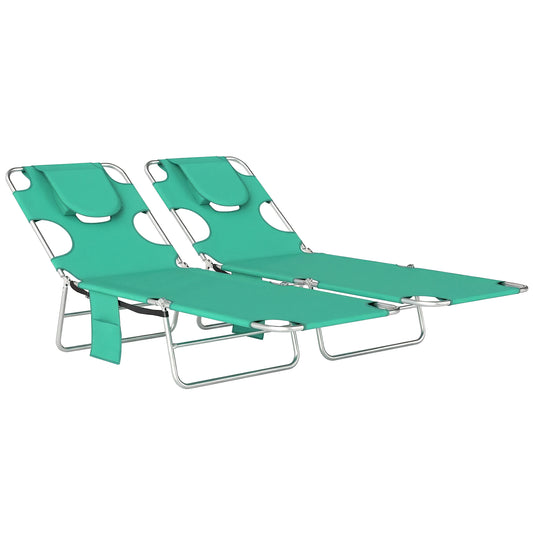5-Position Adjustable Sun Loungers Set of 2 with Reading Hole and Side Pocket, Green