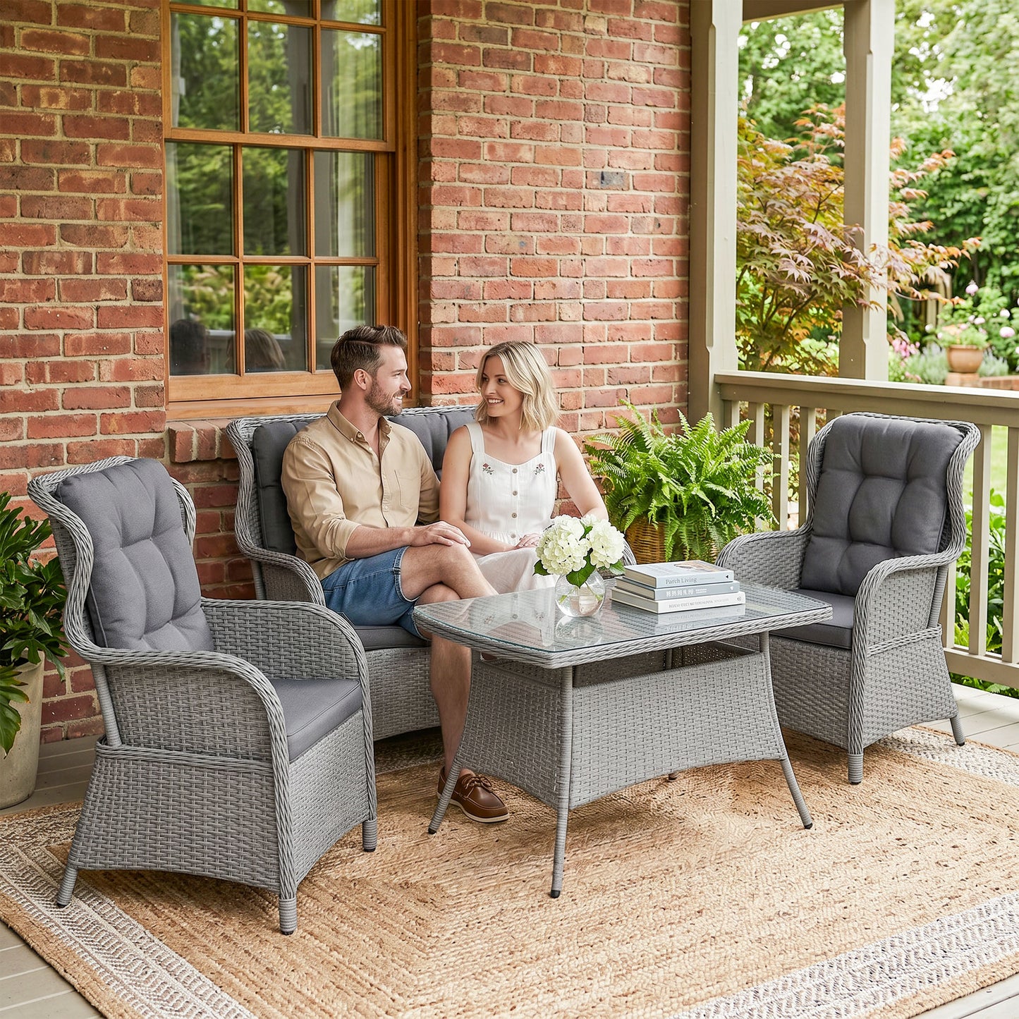 Garden PE Rattan Dining Sofa Set, Outdoor 4 Seater Wicker Furniture, High Back Chairs with Cushions