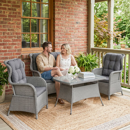 Garden PE Rattan Dining Sofa Set, Outdoor 4 Seater Wicker Furniture, High Back Chairs with Cushions
