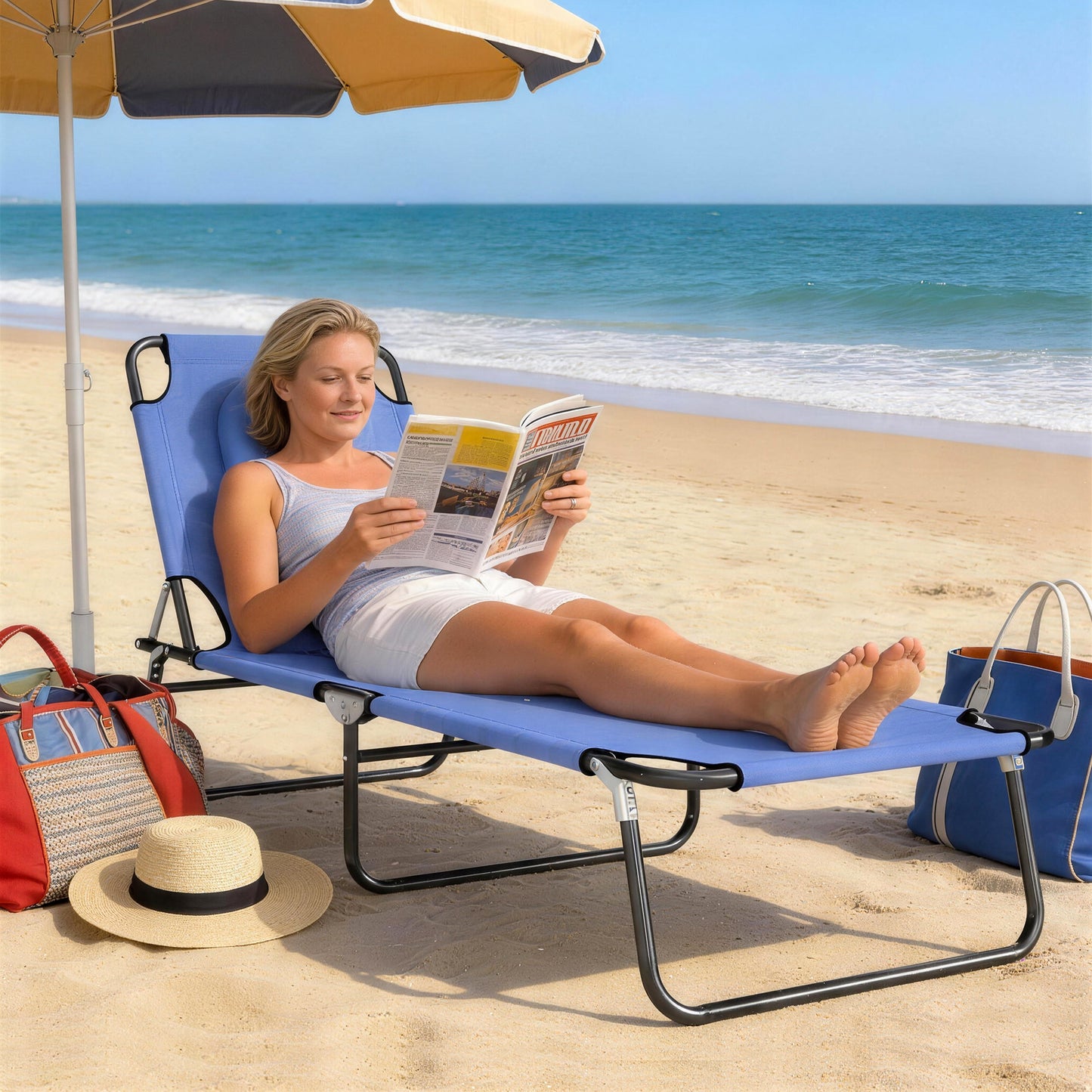 Folding Sun Lounger with Face Hole, 4-Position Adjustable Backrest Garden Recliner Chair Sunbed, Outdoor Lounge Chair