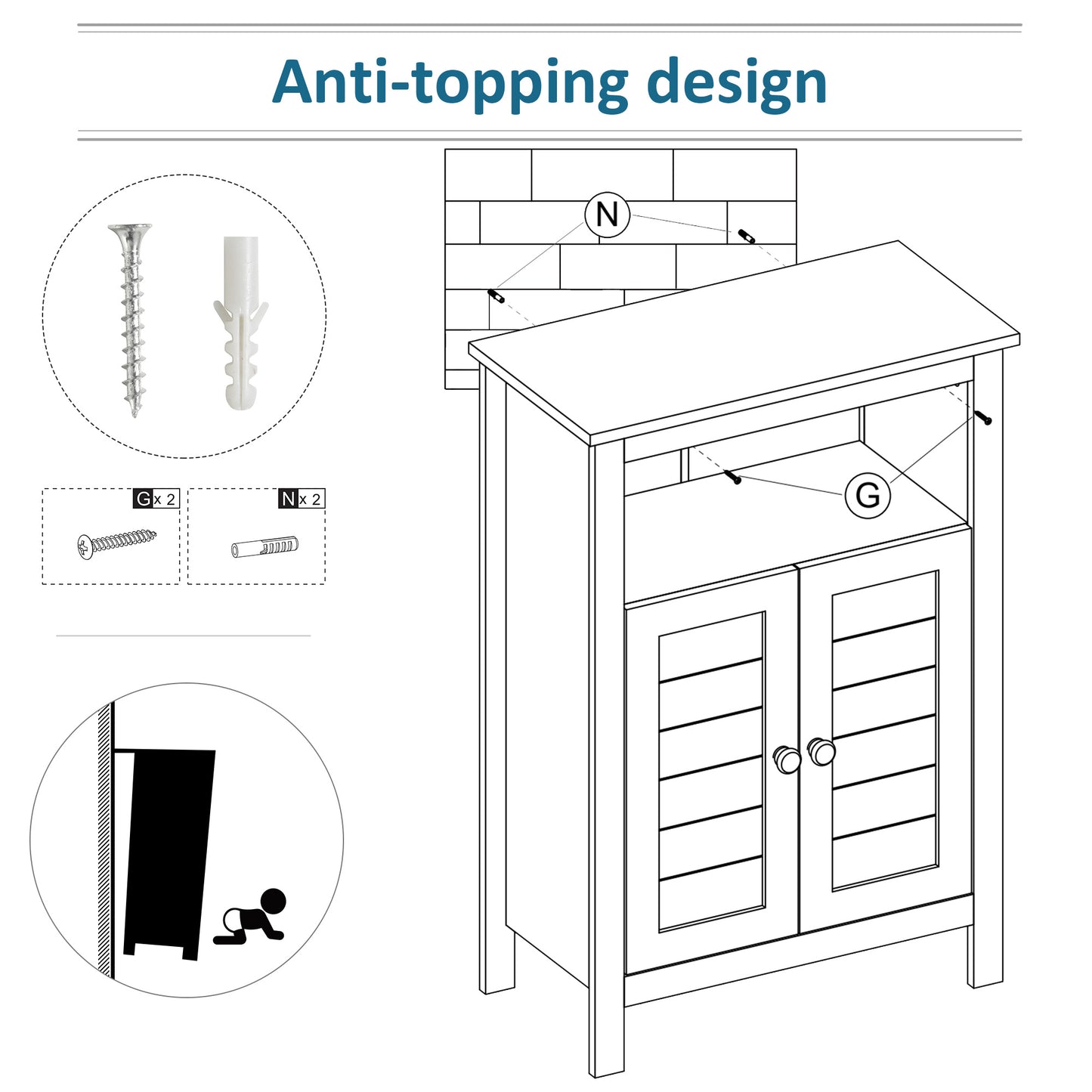 Bathroom Floor Cabinet, Free Standing Cupboard with Double Doors and Adjustable Shelf for Kitchen, Hallway, Living Room, Grey
