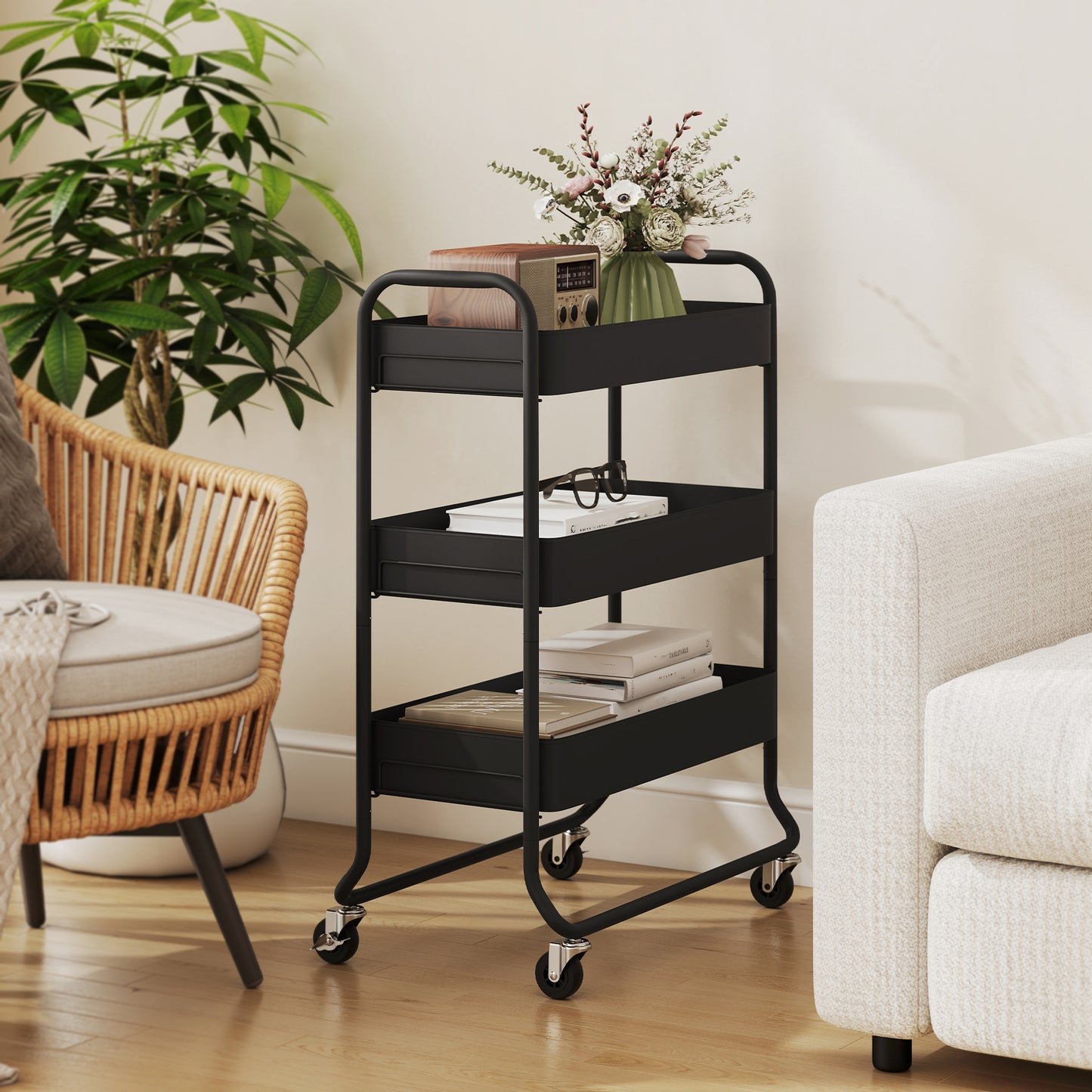 3-Tier Storage Trolley on Wheels, Rolling Utility Cart with Mesh Backets for Kitchen, Bathroom, Bedroom, Black