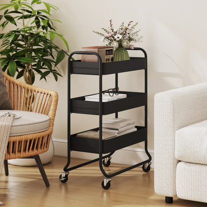 3-Tier Storage Trolley on Wheels, Rolling Utility Cart with Mesh Backets for Kitchen, Bathroom, Bedroom, Black