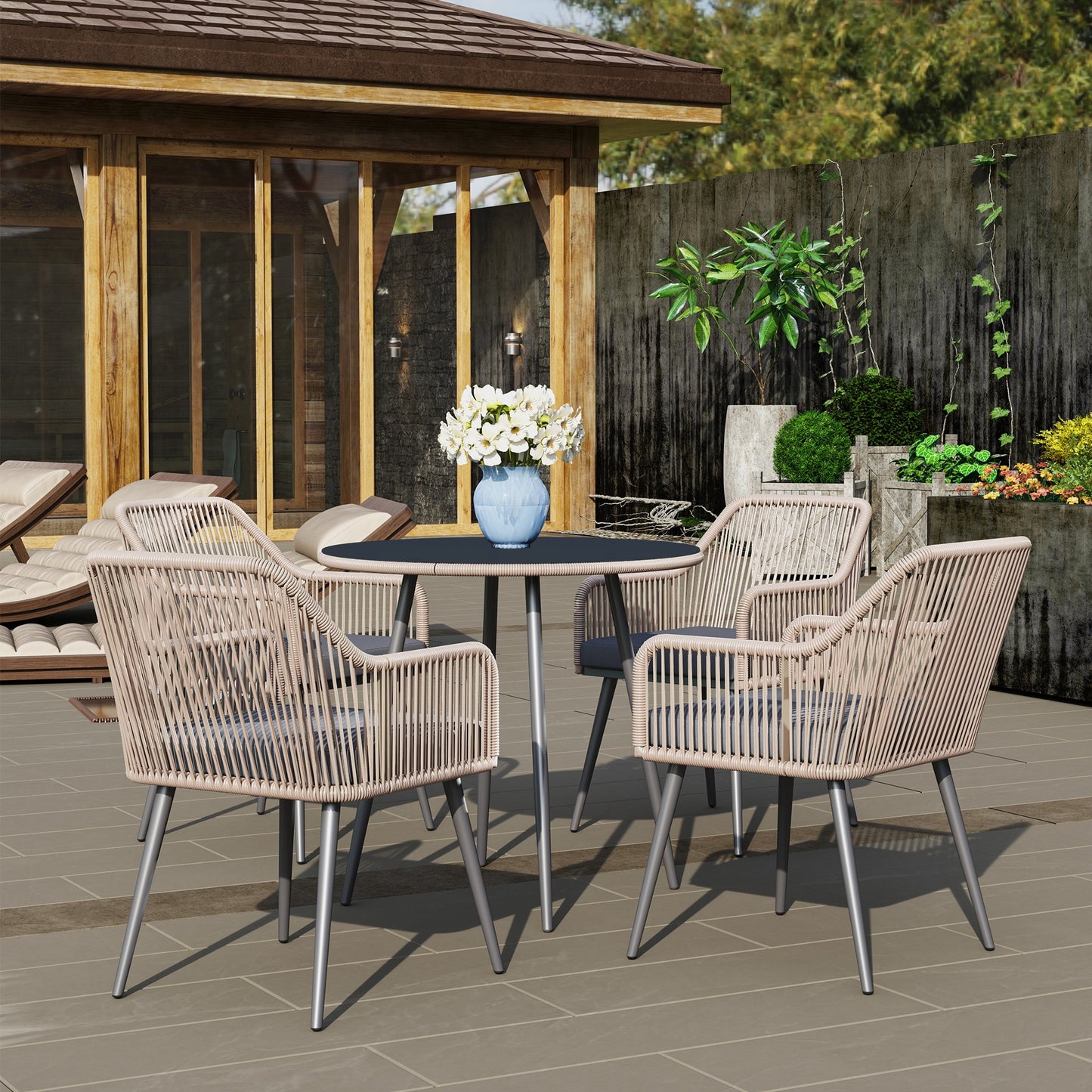 4 Seater Rattan Dining Set, Rattan Garden Furniture Set with Parasol Hole, Outdoor Dining Table and Chairs Set with Cushions