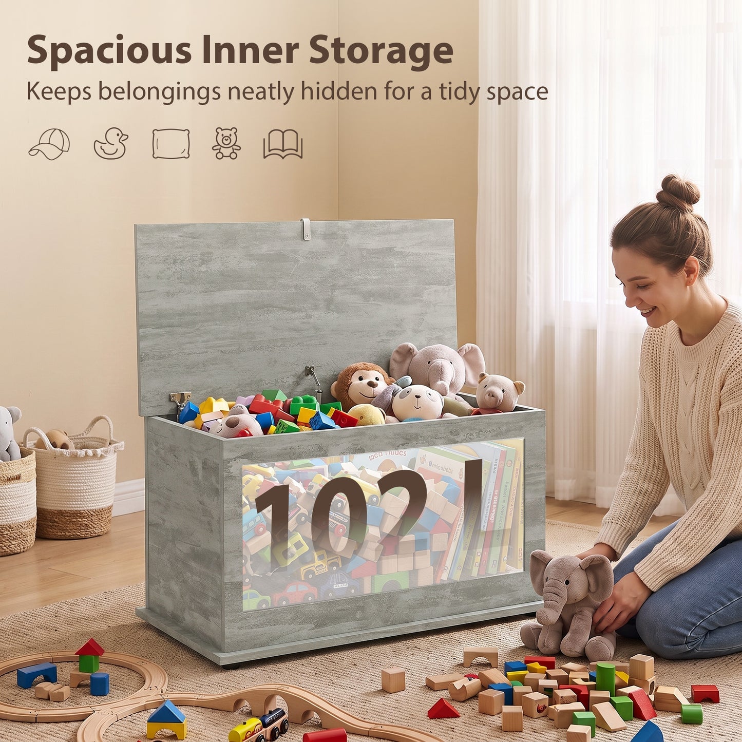 Storage Chest, 102L Blanket Box, Shoe Bench with Safety Hinged Lid, Bed End Bench for Bedroom, 80 x 40 x 45cm, Grey