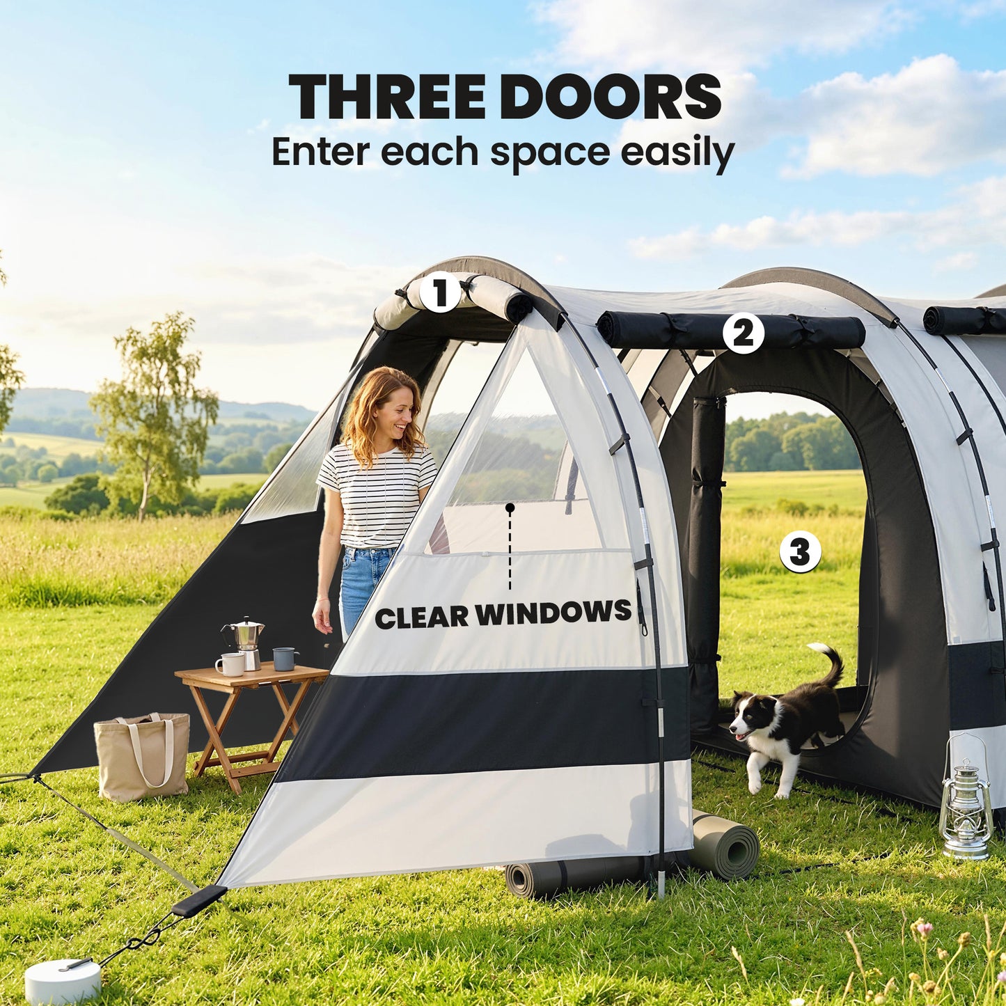 Camping Tent, 3 Man Blackout Tent with Bedroom and Living Room, Portable with Bag, for Fishing Hiking Festival, Khaki