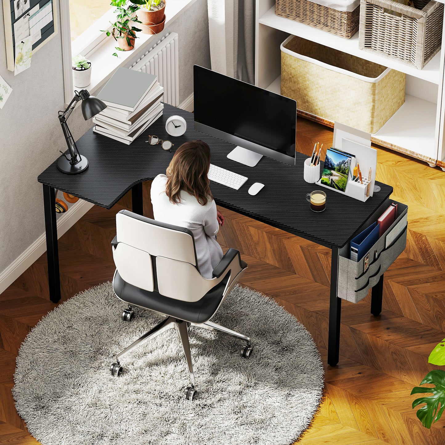 L-Shaped Computer Gaming Desk with Fabric Bag, Hooks and Cable Management, 145 x 81 x 76cm - Black