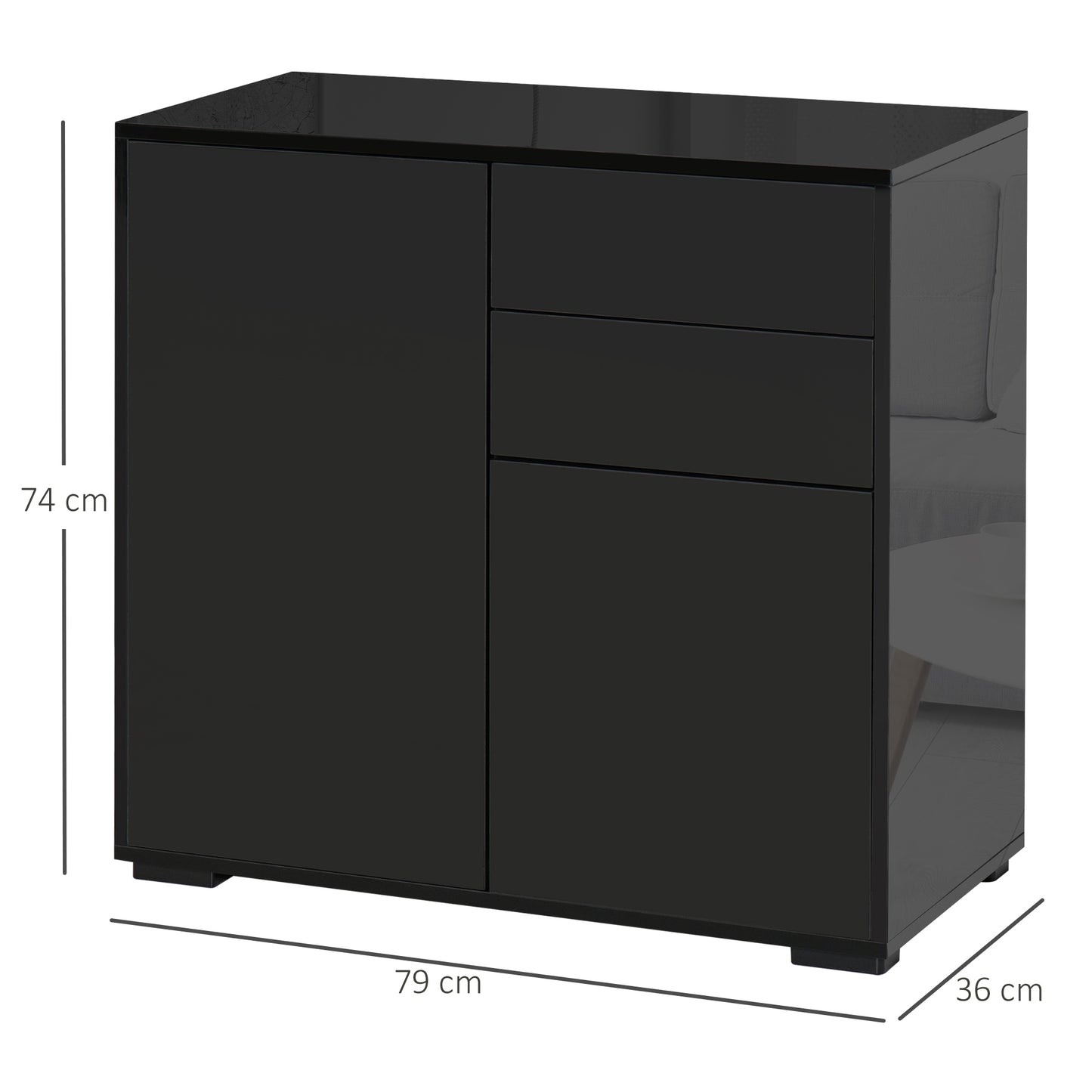 High Gloss Frame Sideboard, Push-Open Design with 2 Drawers for Living Room, Bedroom, 74H x 79W x 36Dcm, Black