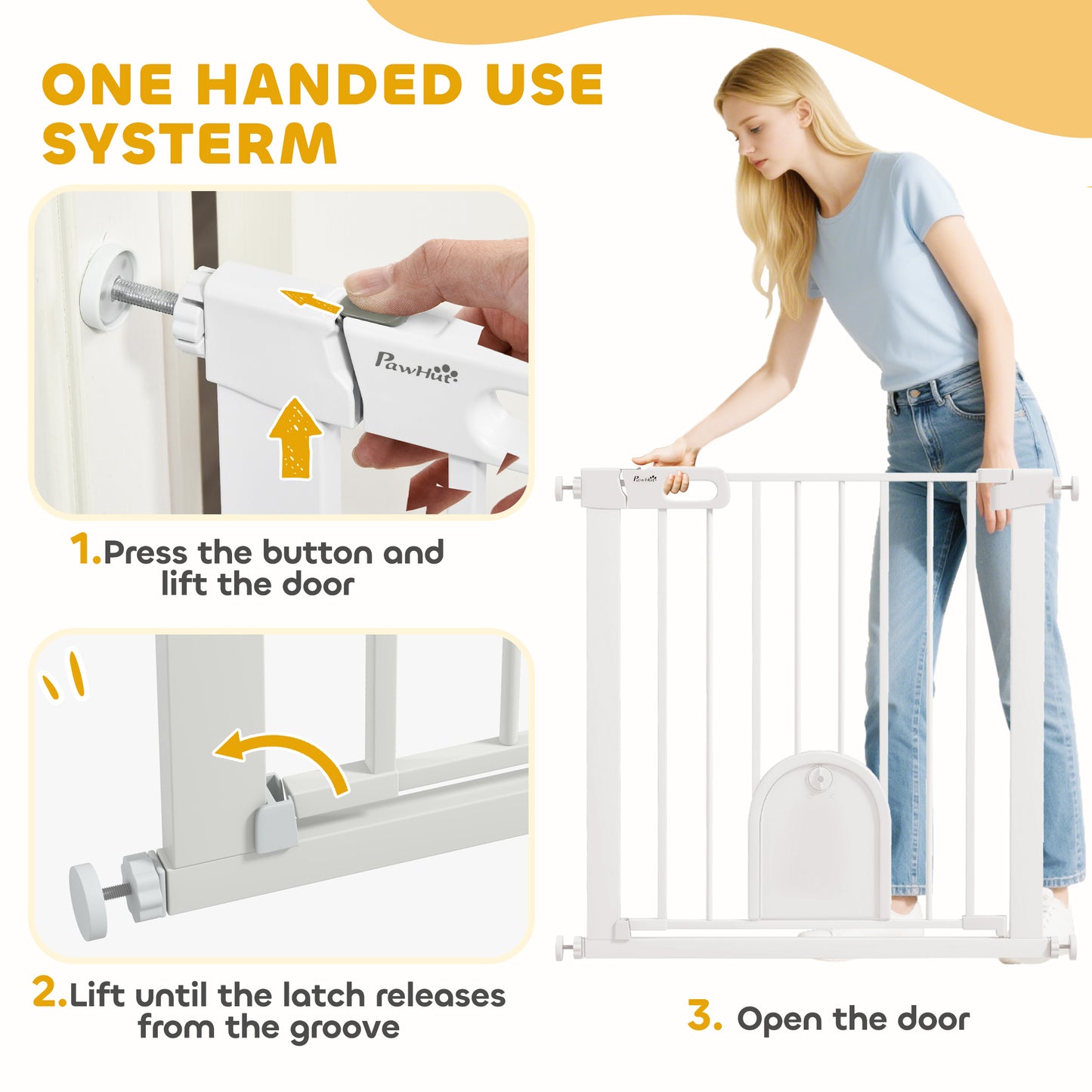 75-82cm Pet Safet Gaye, Pressure Fit Stair, with Cat Flap, Double Locking, White