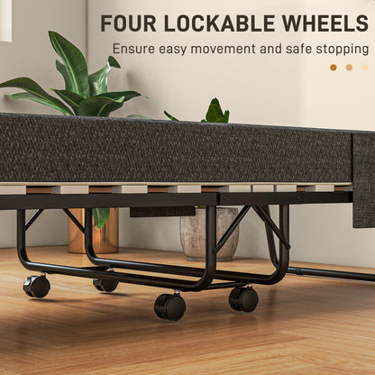 Single Steel Frame Folding Bed, with Wheels - Black/Grey
