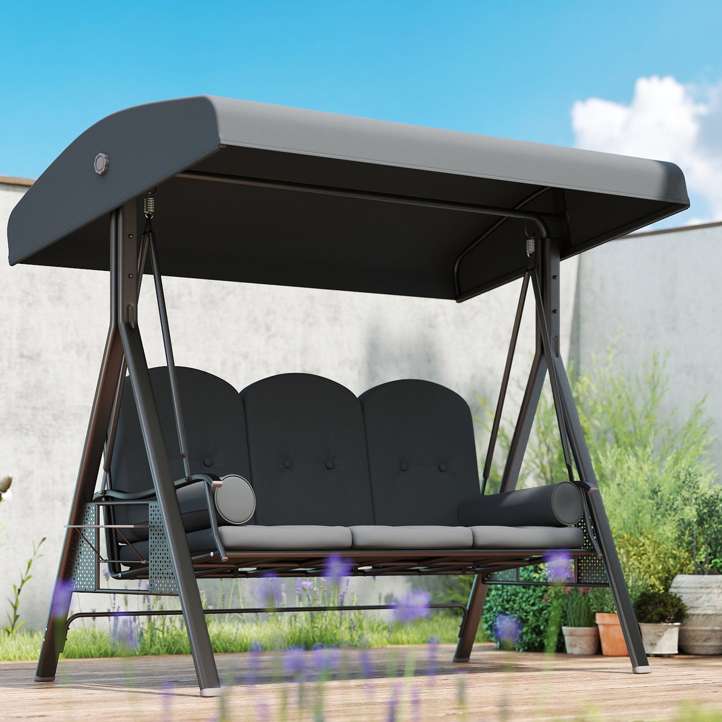 3 Seater Garden Swing Chair Outdoor Hammock Bench w/ Adjustable Canopy, Cushions and Cup Trays, Brown Steel Frame