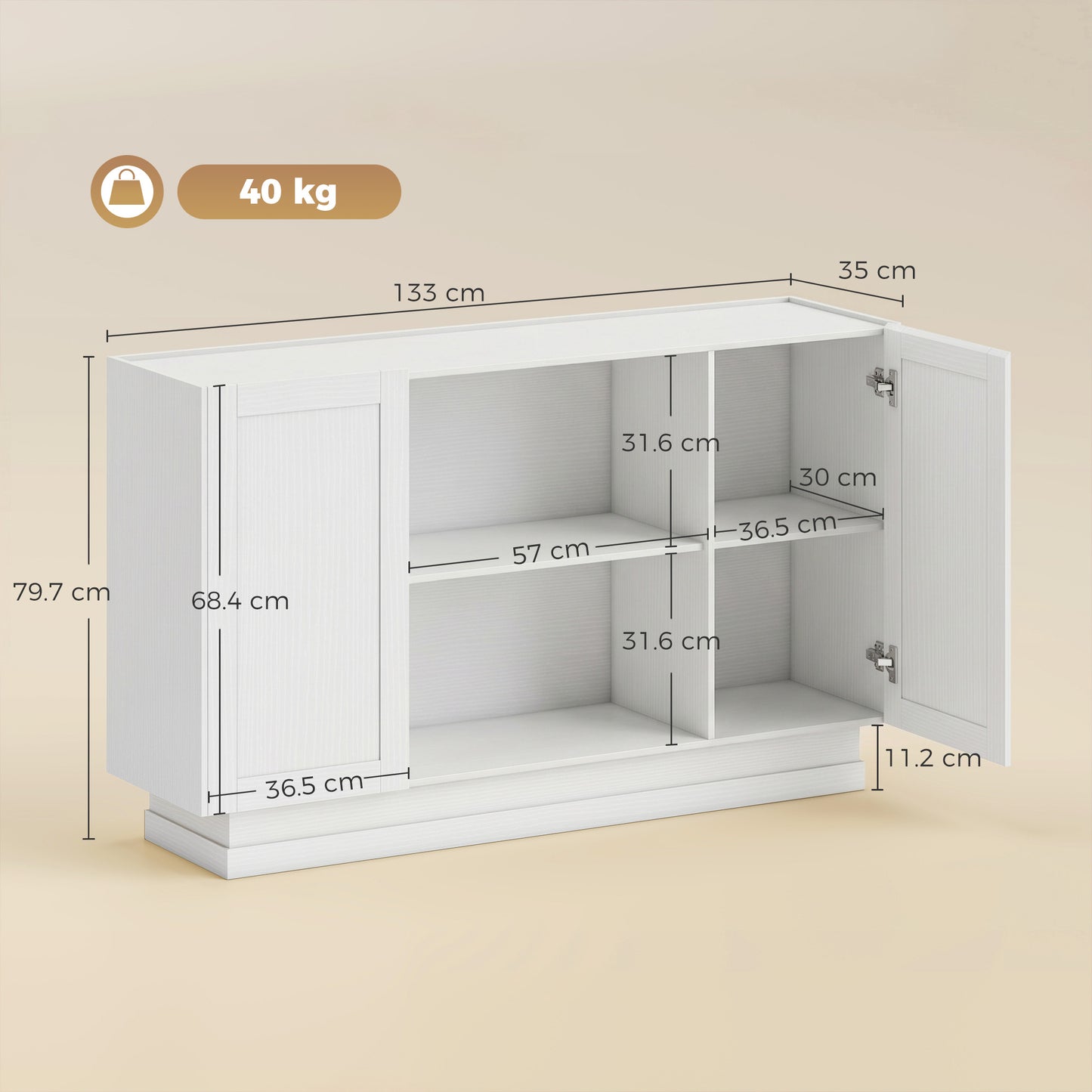 Sideboard Buffet Cabinet, 133 cm Storage Cabinet with 2 Open Shelves, 2 Cupboards and Soft Close Doors, White