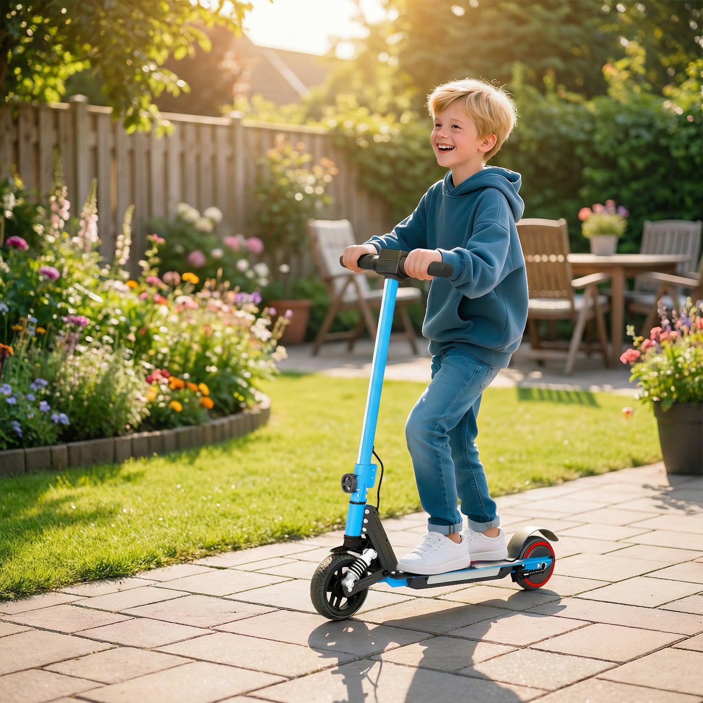 Folding Electric Scooter for Kids, with Dual Brakes, Front Suspension, LED Colourful Lights, Blue
