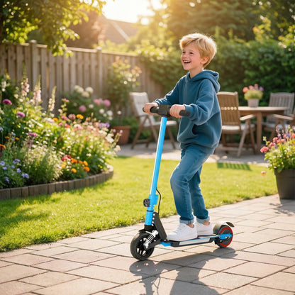 Folding Electric Scooter for Kids, with Dual Brakes, Front Suspension, LED Colourful Lights, Blue