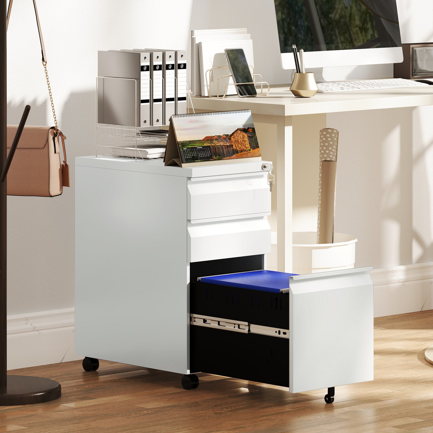 3-Drawer Steel Filing Cabinet with Lock and Wheels - White