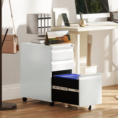3-Drawer Steel Filing Cabinet with Lock and Wheels - White