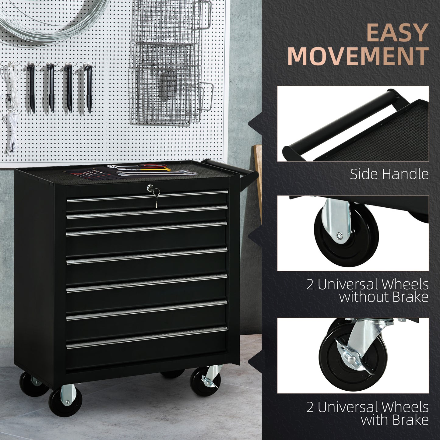 7-Drawer Tool Box on Wheels, Lockable Tool Cabinet with EVA Pat & Ball Bearing, Matte Black