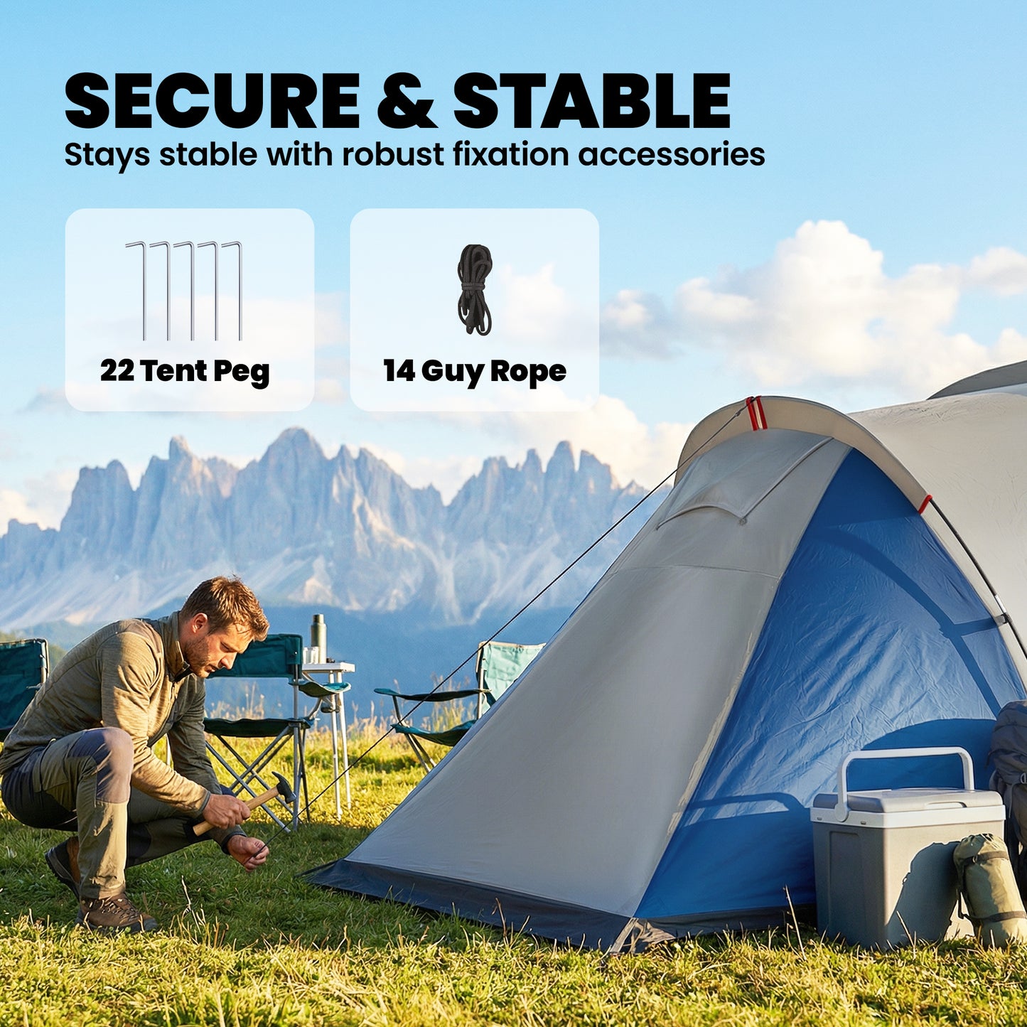 Family Camping Tent 3000mm Waterproof Windproof Tunnel Tent 6 Person, Navy Blue & Light Grey