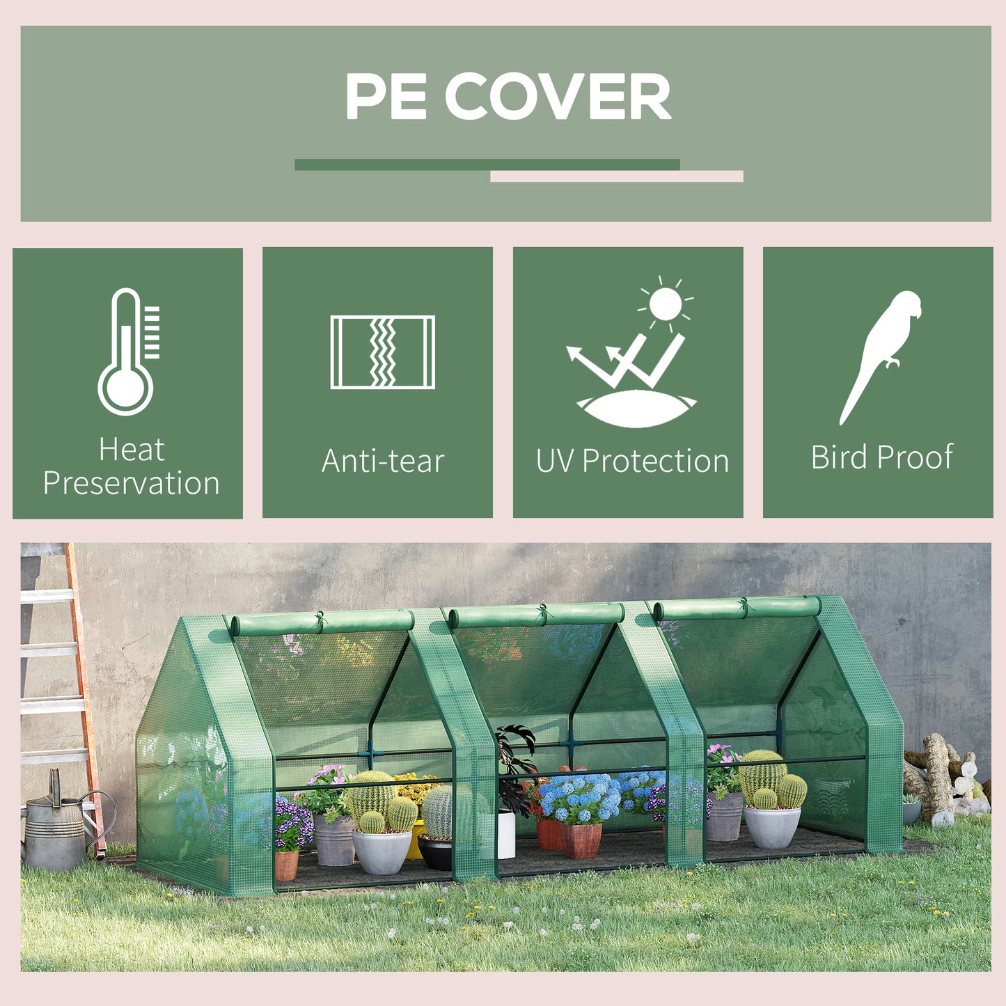 Mini Small Greenhouse with Steel Frame & PE Cover & Zipped Window Poly tunnel Steeple for Plants Vegetables