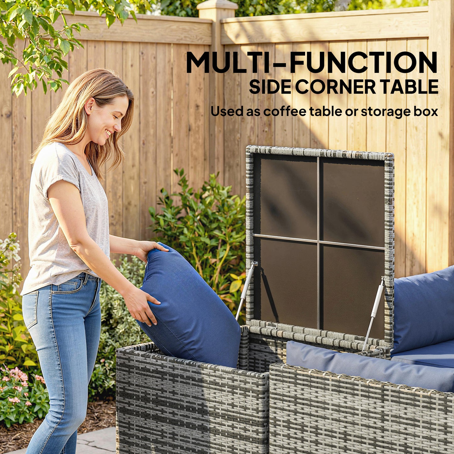4 Piece Rattan Garden Furniture Set, Outdoor Corner Sofa Set with Storage Table, Loveseats, Cushions - Dark Blue