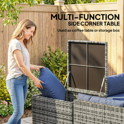 4 Piece Rattan Garden Furniture Set, Outdoor Corner Sofa Set with Storage Table, Loveseats, Cushions - Dark Blue