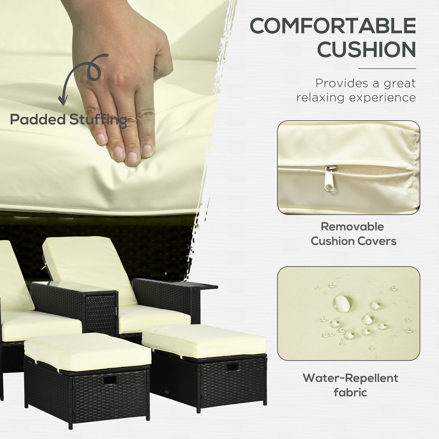 5PC PE Rattan Sun Lounger, Outdoor Wicker 5-level Adjustable Recliner Sofa Bed with Storage Side Table and Footstools