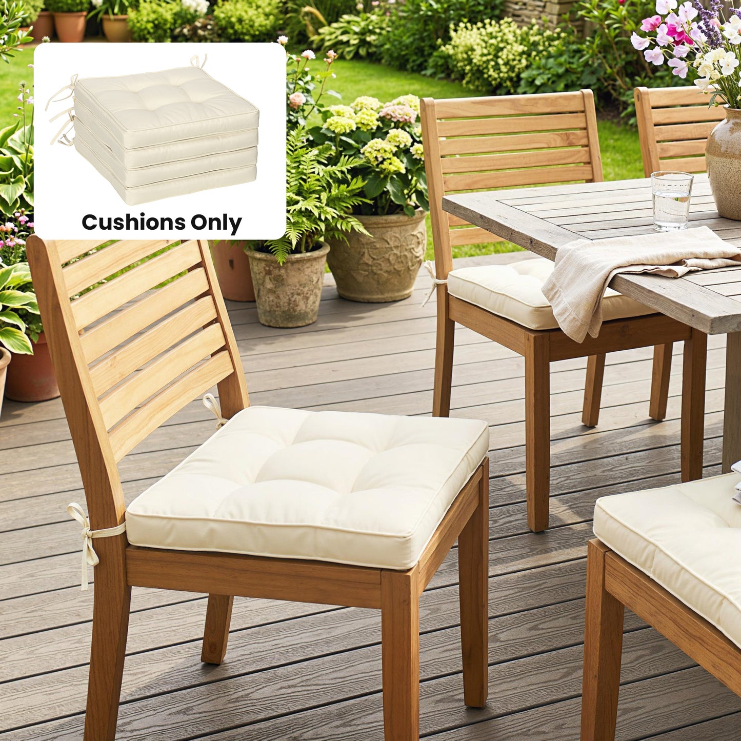 Set of 4 Garden Seat Cushion with Ties, 42 x 42cm Replacement Dining Chair Seat Pad, Cream White