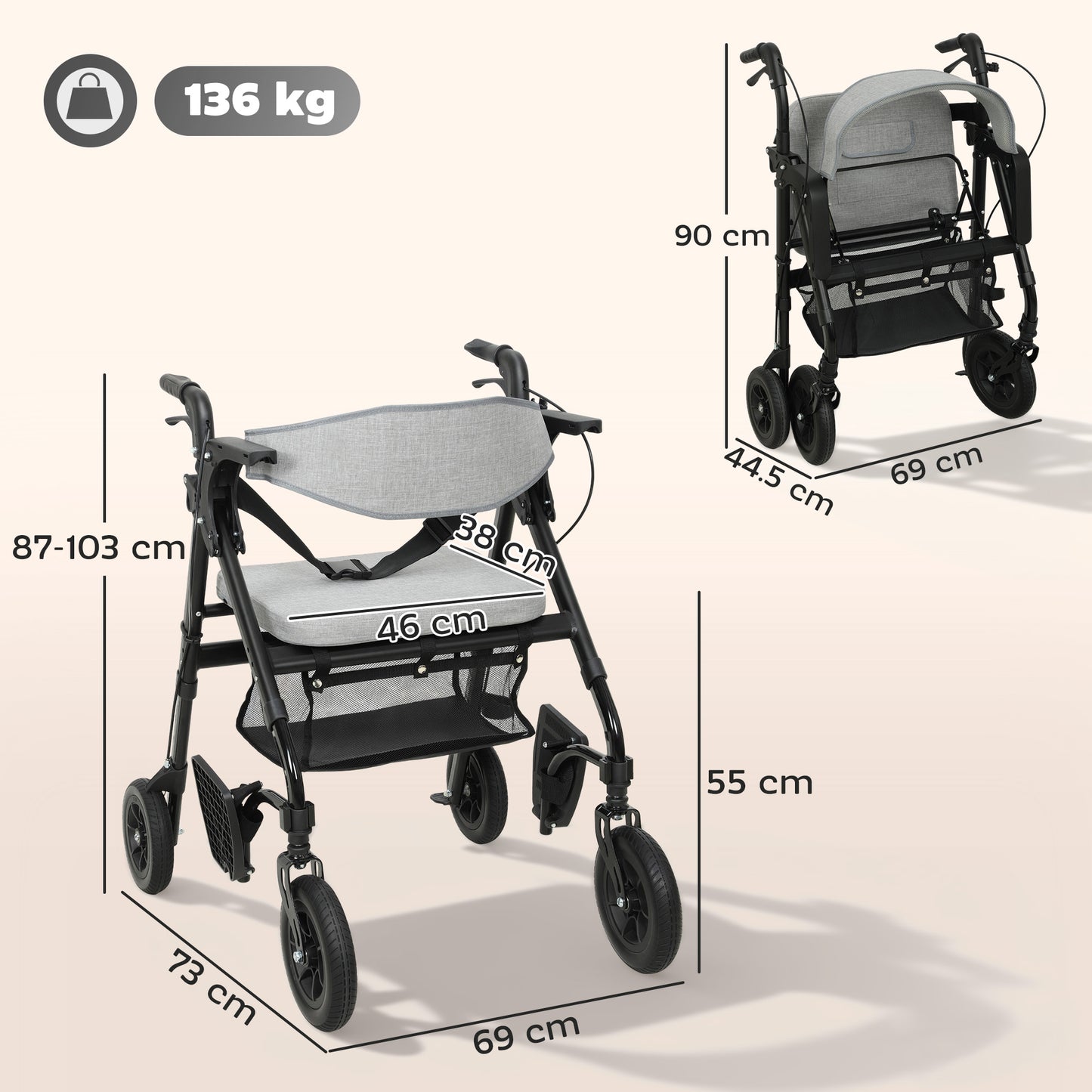 Rollator Walker Wheelchair, with Seat - Grey
