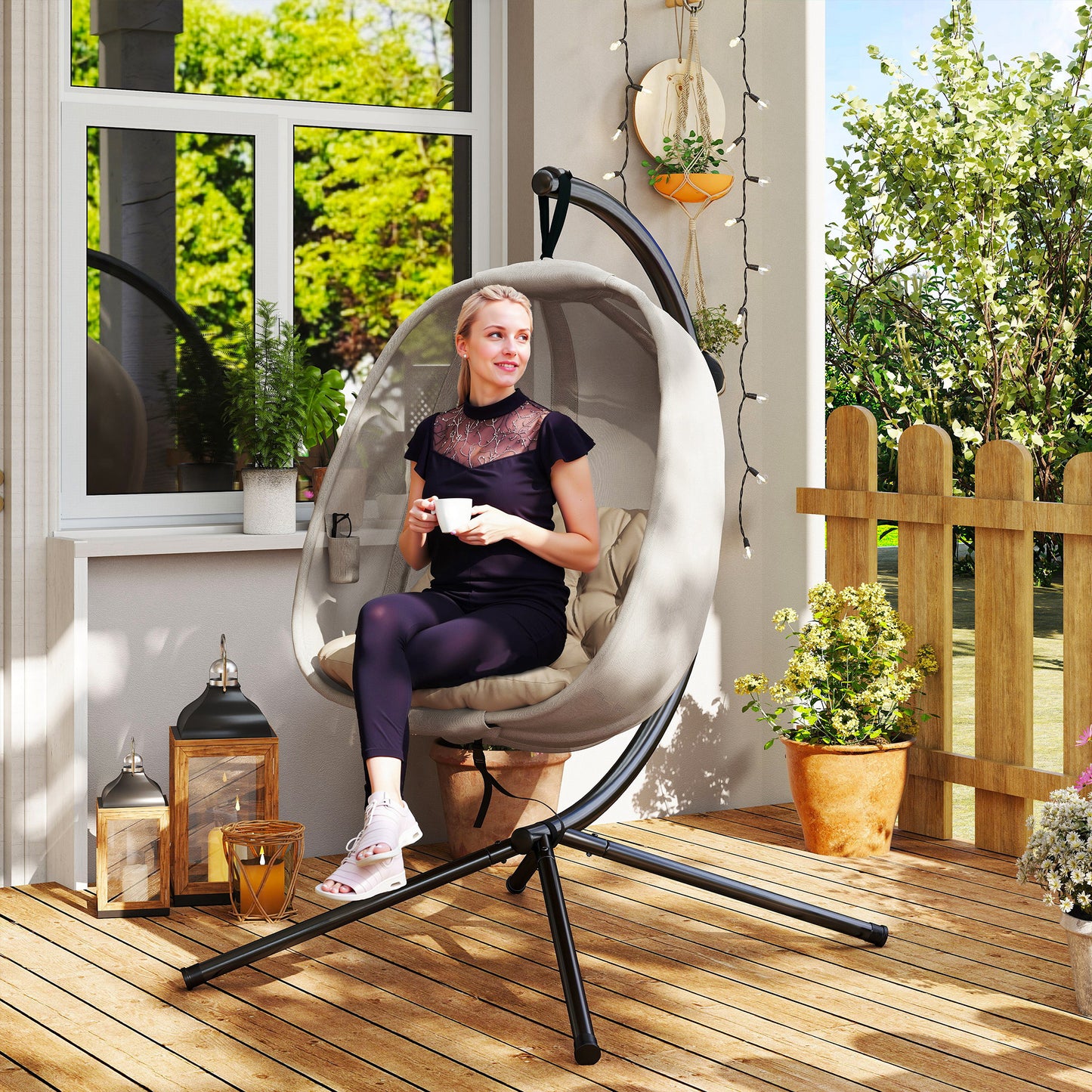 Hanging Egg Chair, Folding Texteline Swing Hammock with Side Pocket, Cushion and Stand for Indoor Outdoor