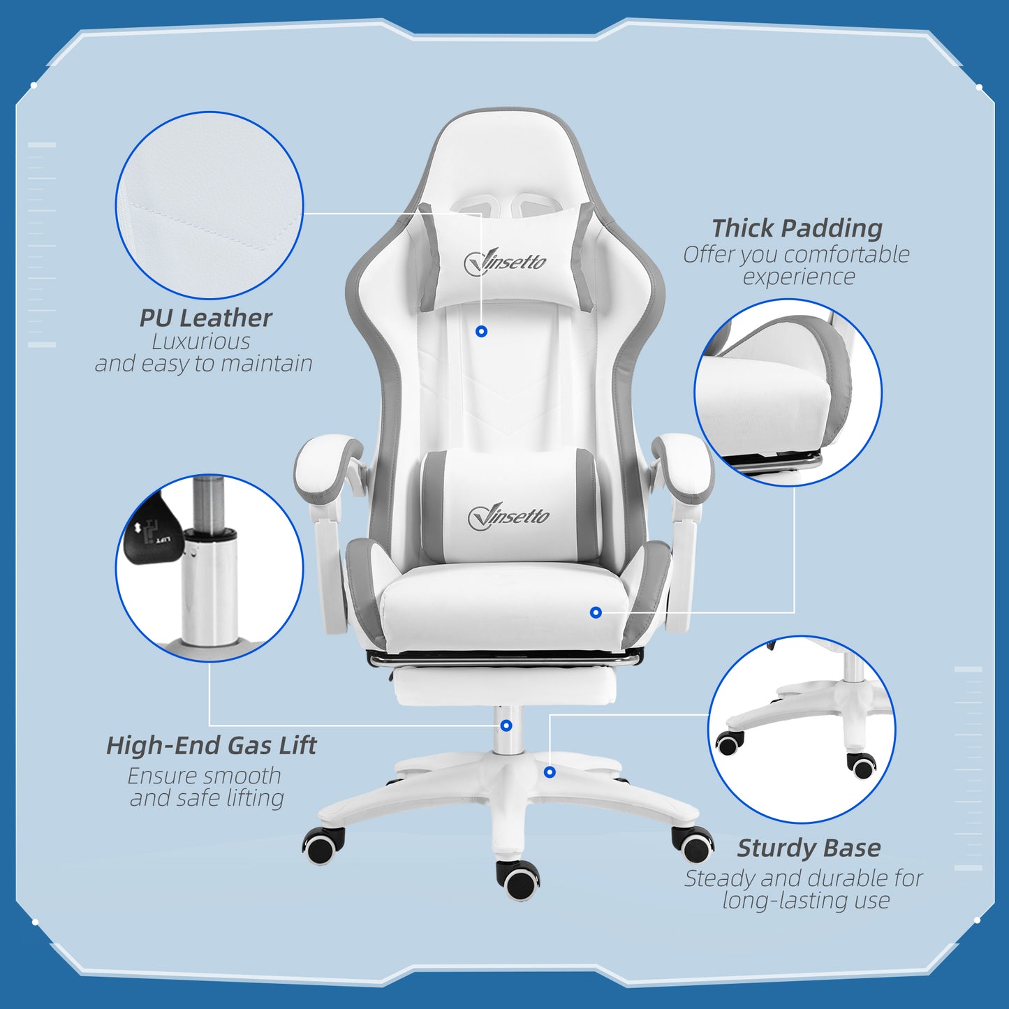 Computer Gaming Chair, PU Leather Desk Chair with Footrest, Swivel Task Chair with 135° Reclining Back and Lumbar Support