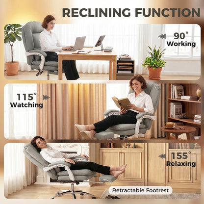Ergonomic Executive Office Chair, Reclining Desk Chair with Lumbar Support, Footrest, Plush Thick Cushion, Grey