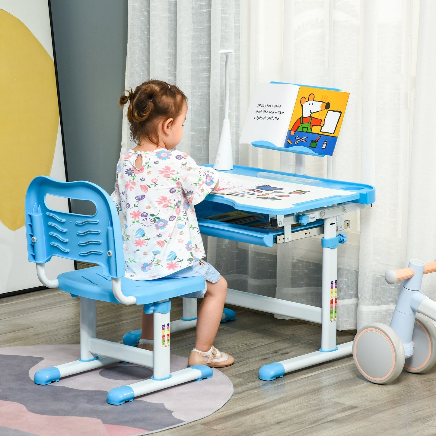 Kids Study Desk and Chair Set w/ Adjustable Height, Storage, Drawer, Blue