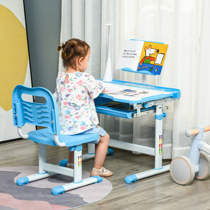 Kids Study Desk and Chair Set w/ Adjustable Height, Storage, Drawer, Blue