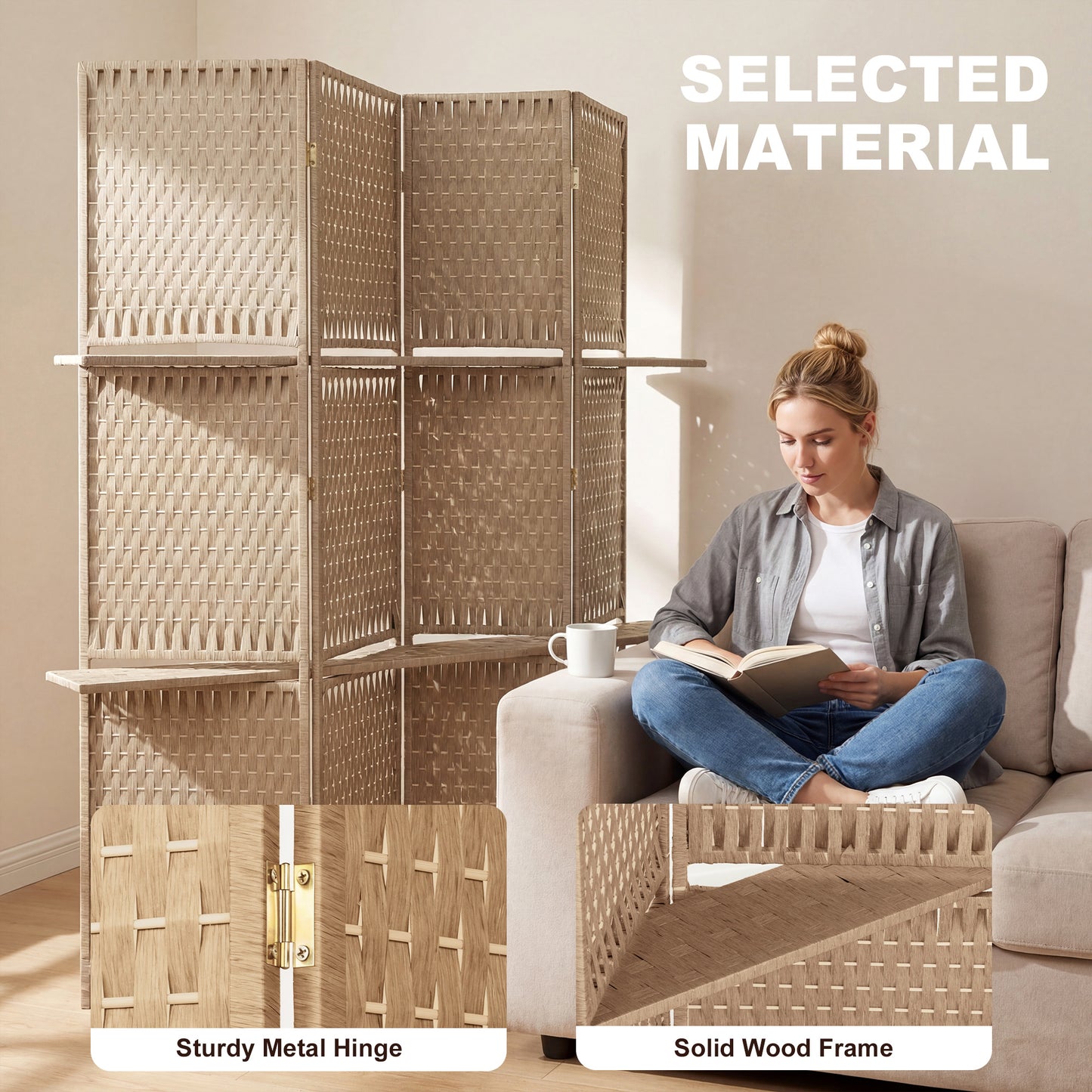 Wave Fibre Freestanding Folding Privacy Screen Panels, Room Divider, Natural Wood Finish