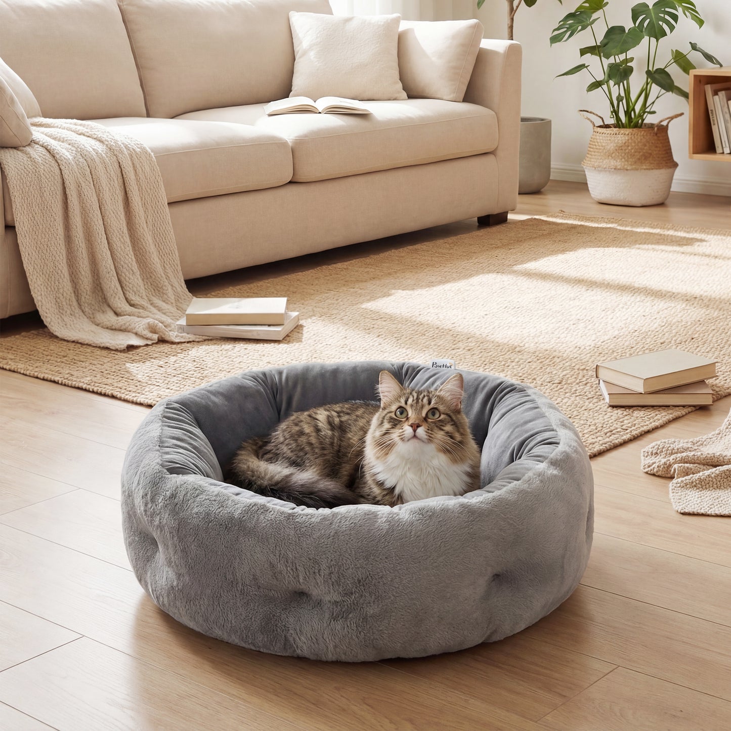 Cat Bed, Reversible Dog Pet Bed for Indoor Cats and Small Dogs, Round Bed with Supportive Bolster, Dark Grey