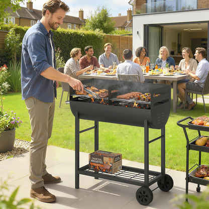 Charcoal Barbecue Grill with 2 Cooking Areas, Portable BBQ Trolley with Wheels, Height Adjustable Grates, Bottom Shelf