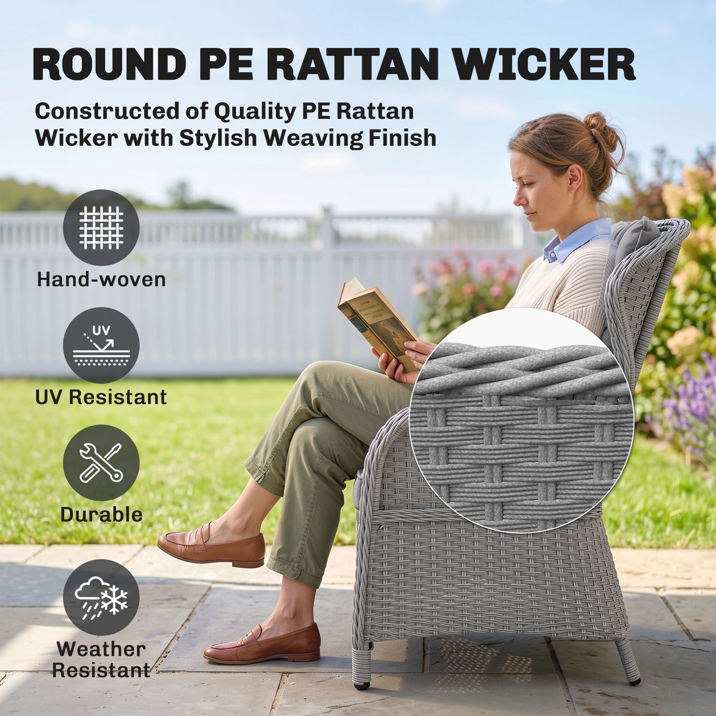 Garden PE Rattan Dining Sofa Set, Outdoor 4 Seater Wicker Furniture, High Back Chairs with Cushions