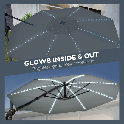 3(m) Cantilever Garden Parasol with Solar Powered Lights, Crank Handle & Cross Base, UPF 50+, 360° Rotation, Dark Grey