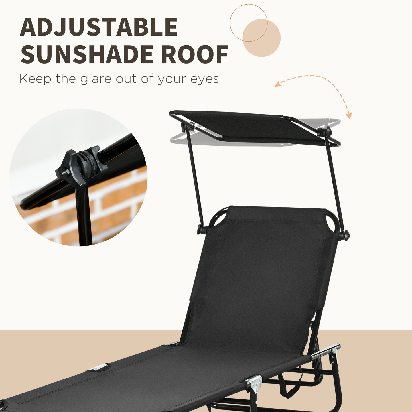 Set of Two Folding Sun Loungers, with Adjustable Backs and Sun Canopies - Black