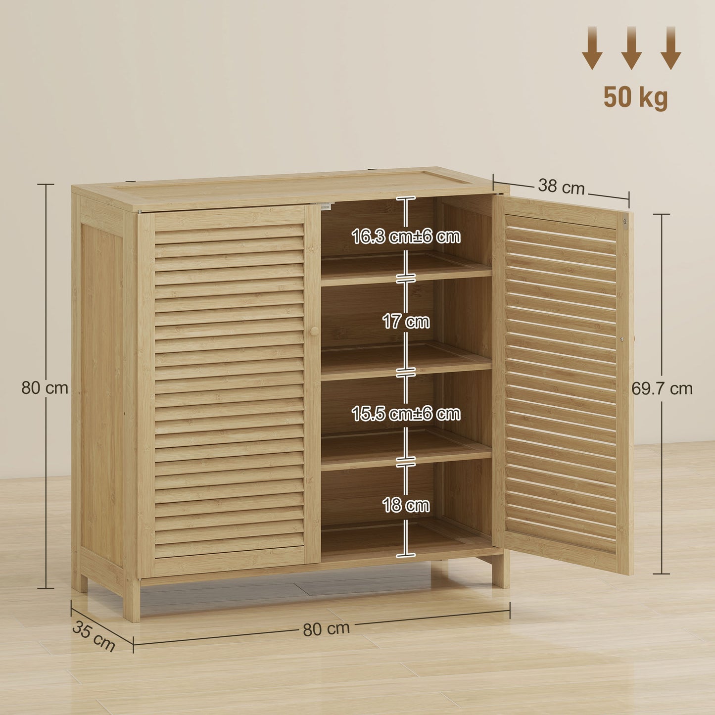 Bamboo Shoe Cabinet with Louvered Doors, 14 Pairs Shoe Storage Cabinet with Adjustable Shelves for Hallway, Natural