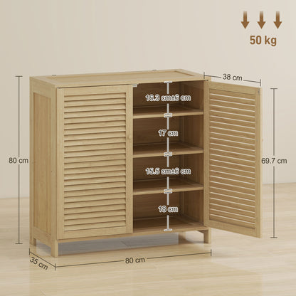 Bamboo Shoe Cabinet with Louvered Doors, 14 Pairs Shoe Storage Cabinet with Adjustable Shelves for Hallway, Natural