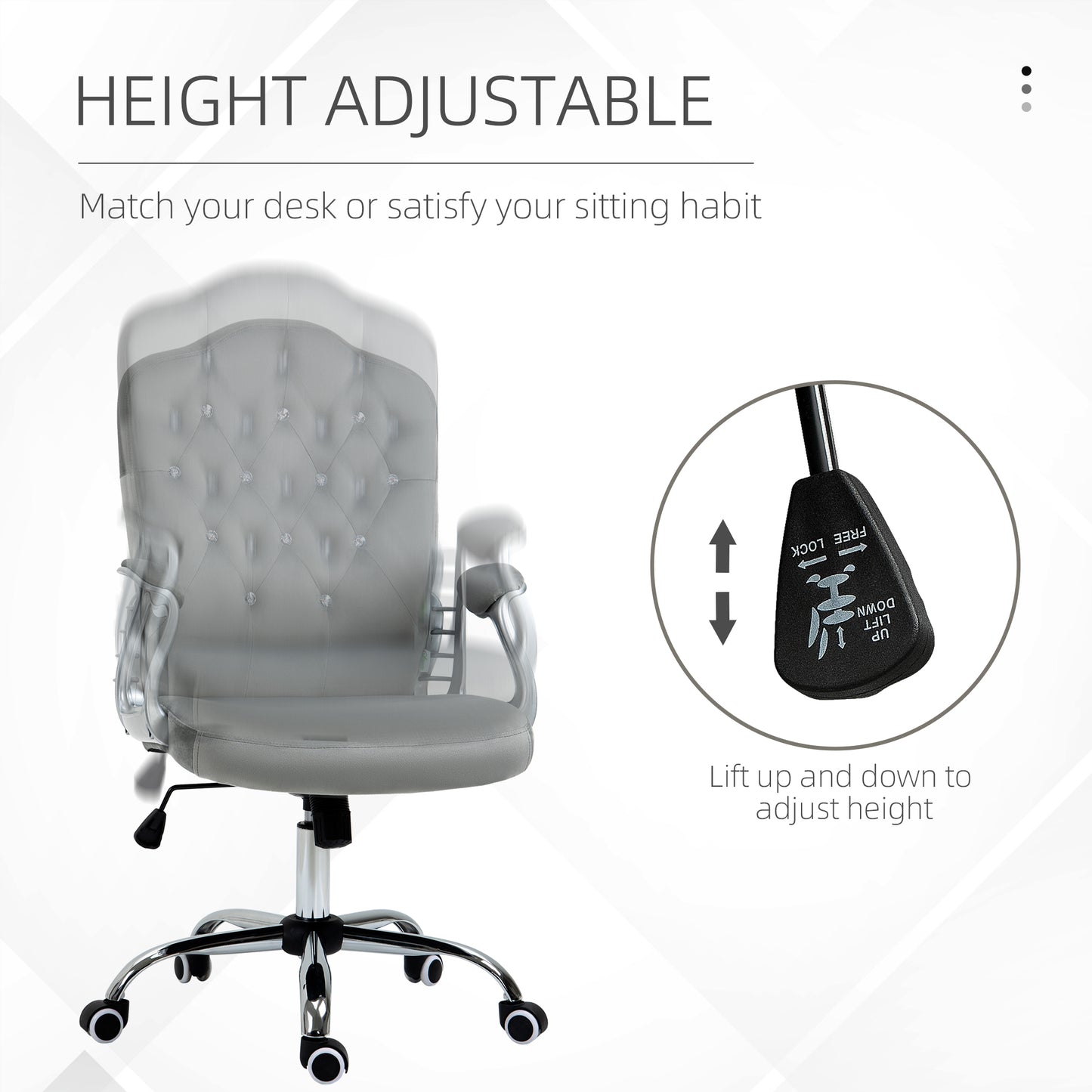 Velvet-Feel Work Chair, with Diamante Back - Grey