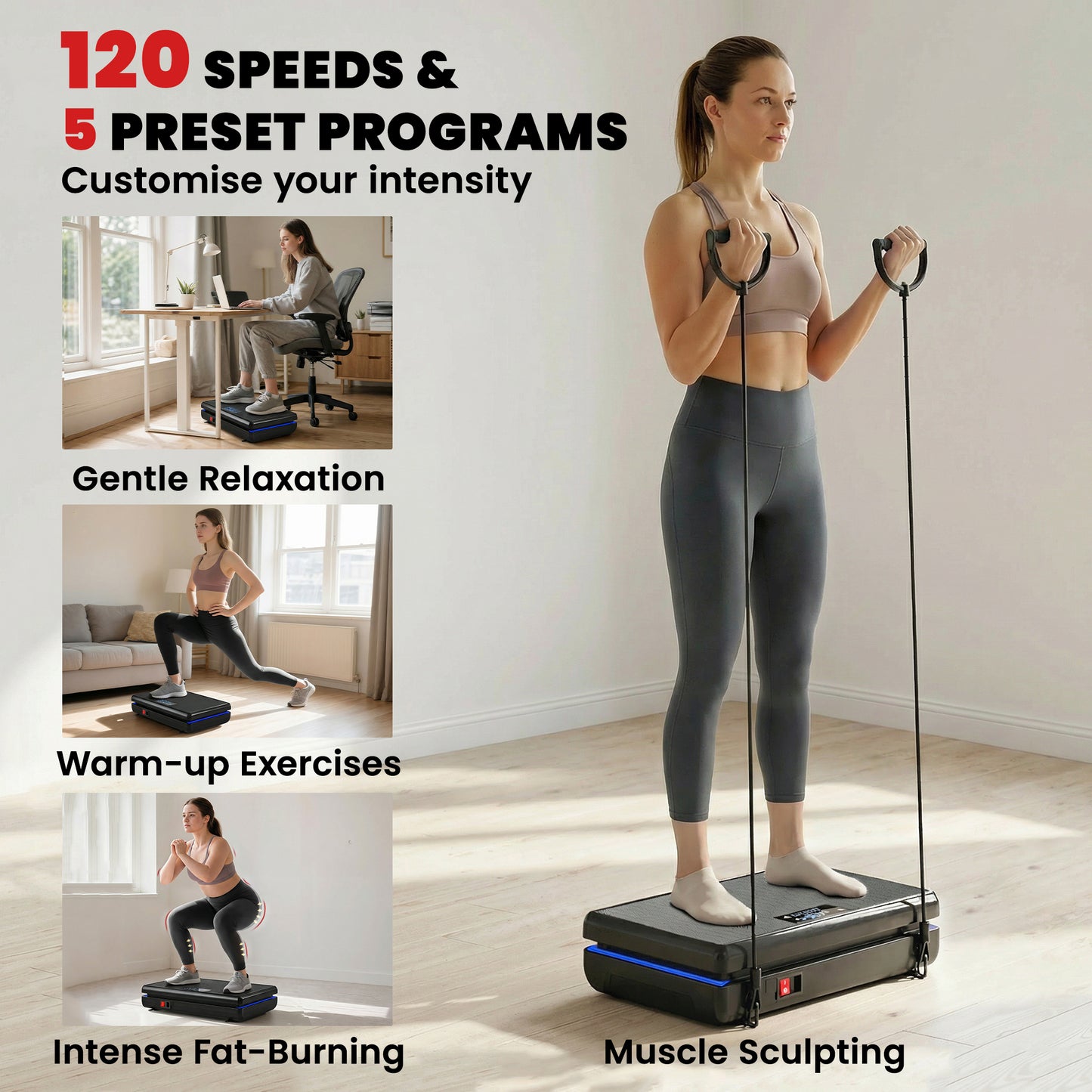 Vibration Plate Exercise Machine with 120 Speed Levels, 5 Programs, Quiet Vibrating Plate with Resistance Bands